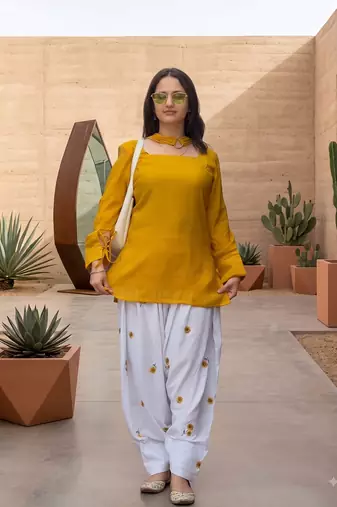 Mustard yellow short kurti with white embroidered farshi salwar & dupatta set