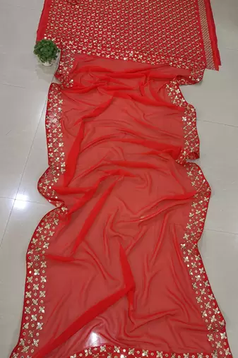 Red faux georgette sequin lehenga choli set and blush floral embroidered indian wedding wear for bridesmaids & mehendi