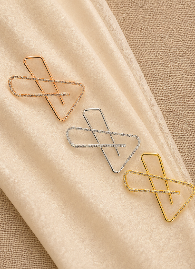 Small Modern Geometric Crystal Saree Brooch Pin Set of 3 – Gold, Silver & Rose Gold