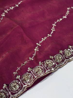 glamourous rani-pink embroidery work with real bits work fendy satin indian saree 6