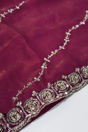 glamourous rani-pink embroidery work with real bits work fendy satin indian saree