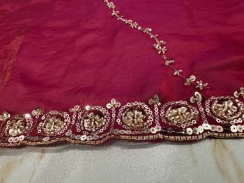 glamourous rani-pink embroidery work with real bits work fendy satin indian saree 7