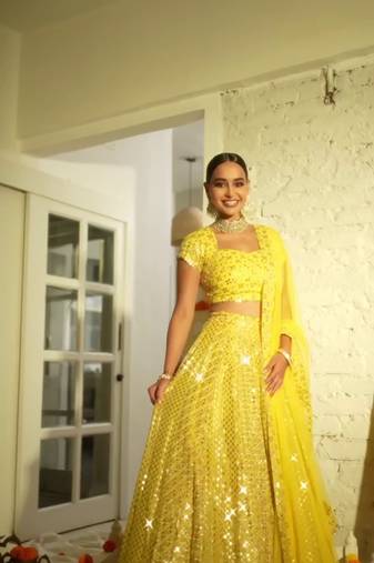 Yellow Faux Georgette Sequin Lehenga Choli