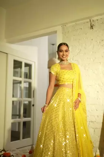 Yellow Faux Georgette Sequin Lehenga Choli