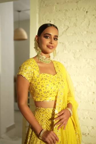 Yellow Faux Georgette Sequin Lehenga Choli