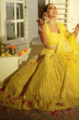 Yellow Faux Georgette Sequin Lehenga Choli