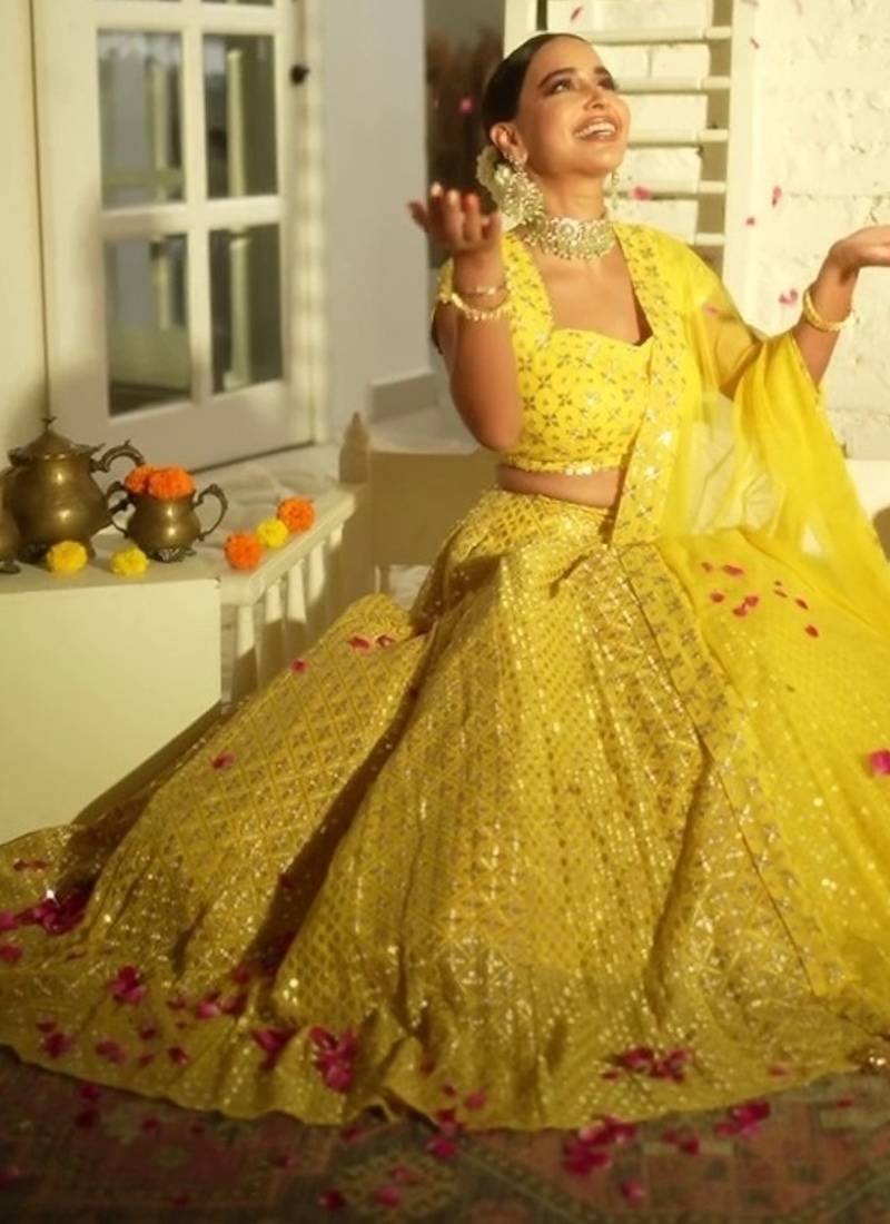 Yellow Faux Georgette Sequin Lehenga Choli