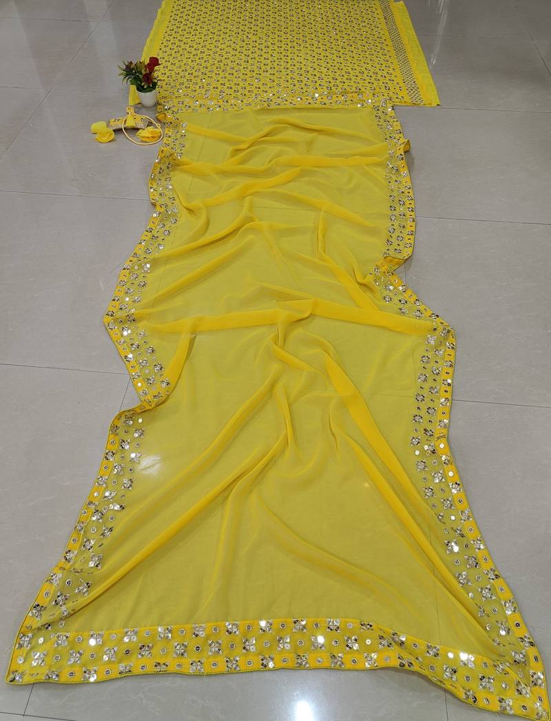 Yellow Faux Georgette Sequin Lehenga Choli