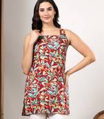 Women maroon tropical leaf printed square neck short kurti with back dori tie-up