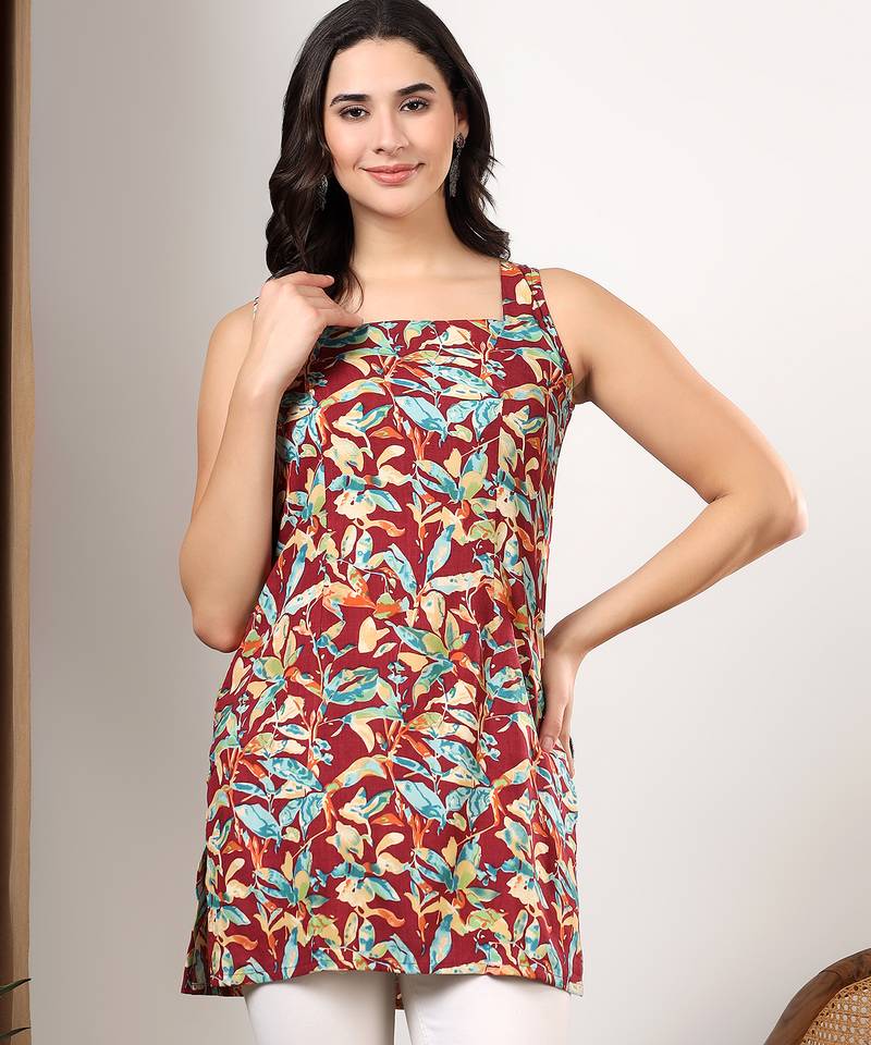 Women maroon tropical leaf printed square neck short kurti with back dori tie-up