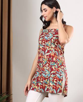Women maroon tropical leaf printed square neck short kurti with back dori tie-up 3