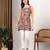 Women maroon tropical leaf printed square neck short kurti with back dori tie-up