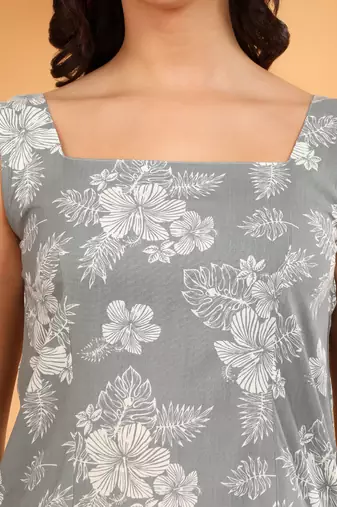 Women grey floral printed square neck short kurti with back dori tie-up