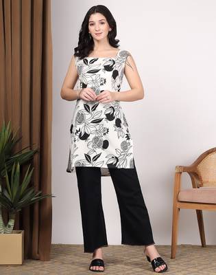 Women white botanical printed square neck short kurti with back dori tie-up 1