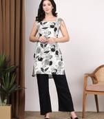 Women white botanical printed square neck short kurti with back dori tie-up