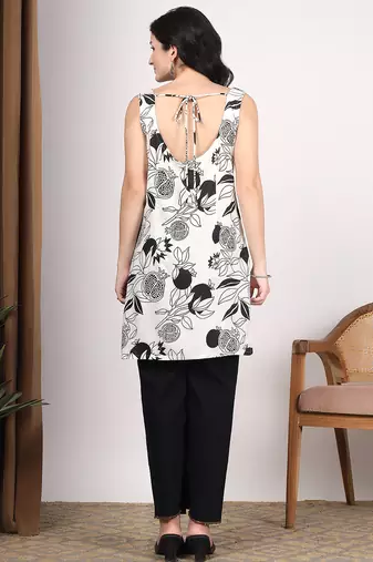 Women white botanical printed square neck short kurti with back dori tie-up
