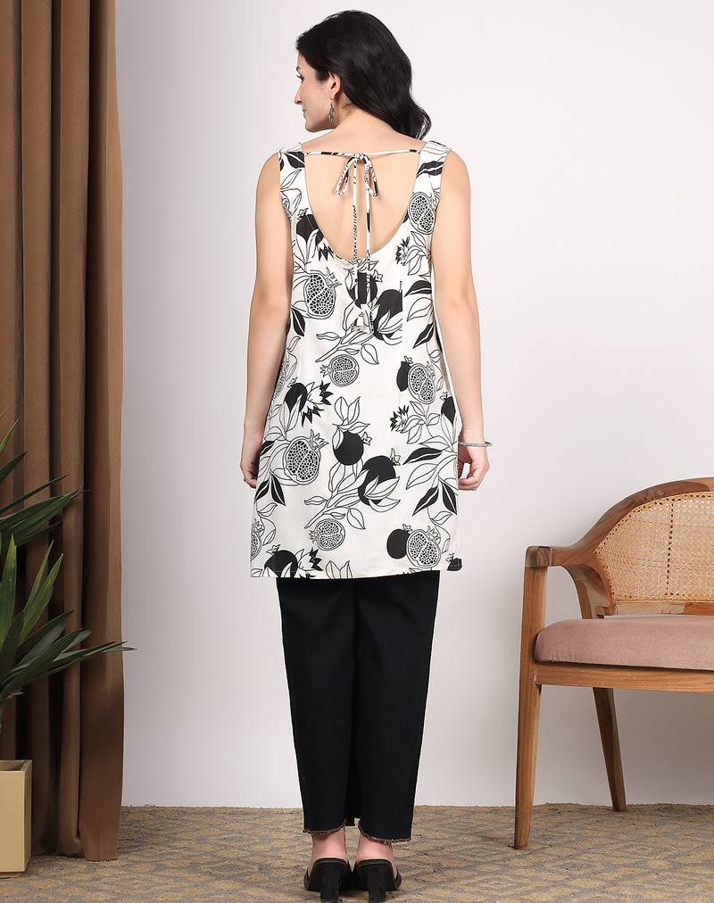 Women white botanical printed square neck short kurti with back dori tie-up