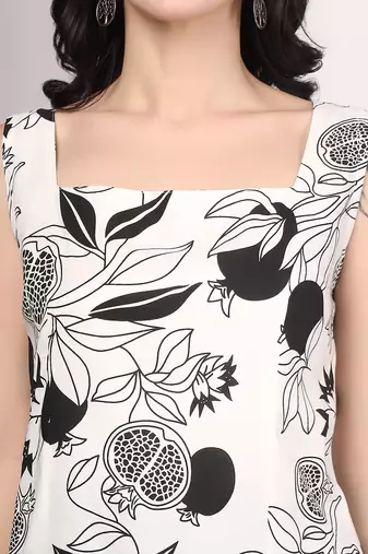 Women white botanical printed square neck short kurti with back dori tie-up