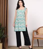 Women green floral printed square neck short kurti with back dori tie-up