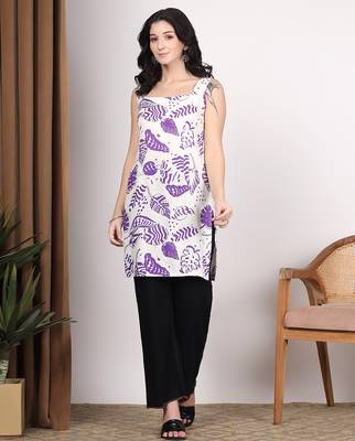 Women white abstract printed square neck short kurti with back dori tie-up 1