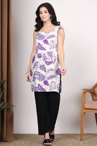 Women white abstract printed square neck short kurti with back dori tie-up