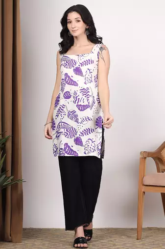 Women white abstract printed square neck short kurti with back dori tie-up