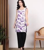 Women white abstract printed square neck short kurti with back dori tie-up