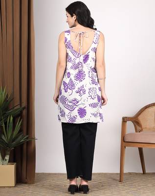 Women white abstract printed square neck short kurti with back dori tie-up 2