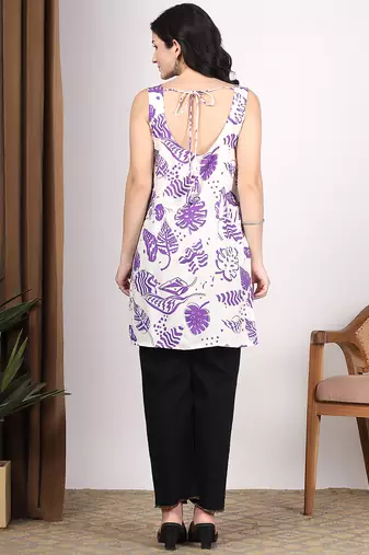 Women white abstract printed square neck short kurti with back dori tie-up