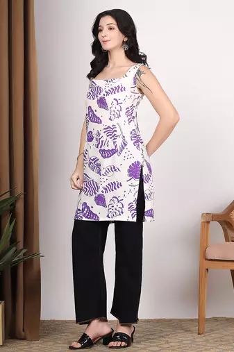 Women white abstract printed square neck short kurti with back dori tie-up