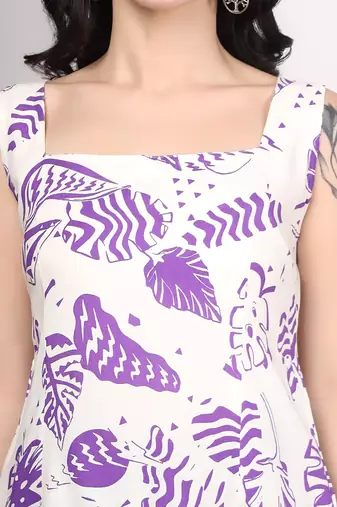 Women white abstract printed square neck short kurti with back dori tie-up