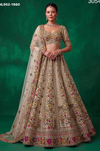 beige silk blend embroidered festive lehenga choli
