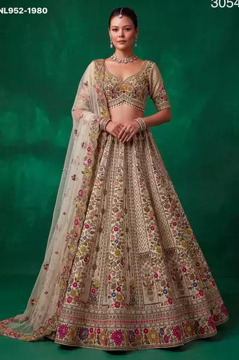 beige silk blend embroidered festive lehenga choli