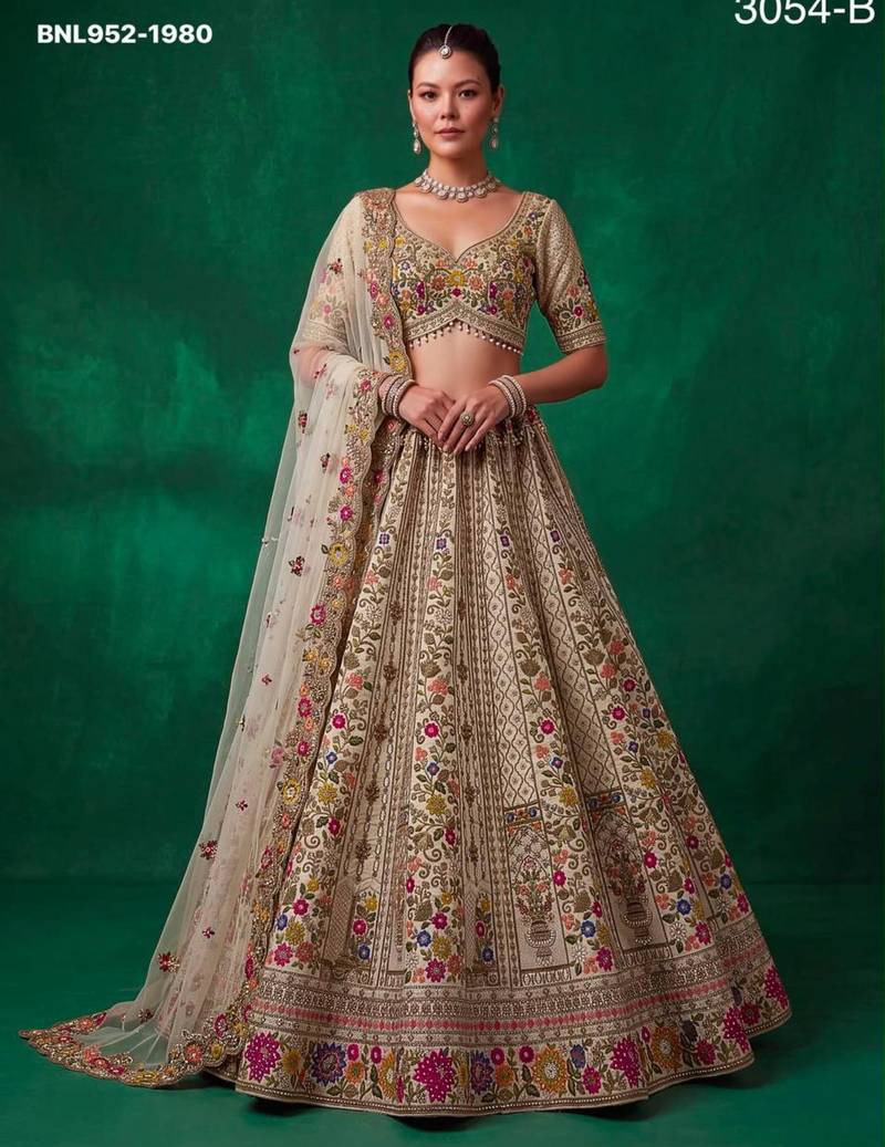 beige silk blend embroidered festive lehenga choli