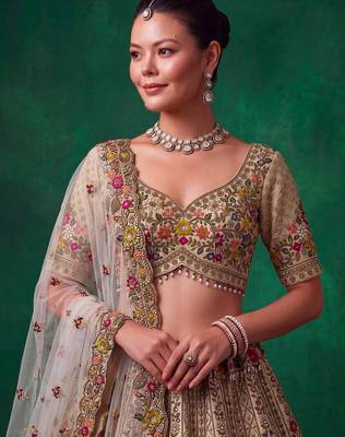 beige silk blend embroidered festive lehenga choli 2