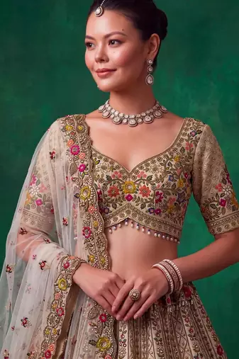 beige silk blend embroidered festive lehenga choli