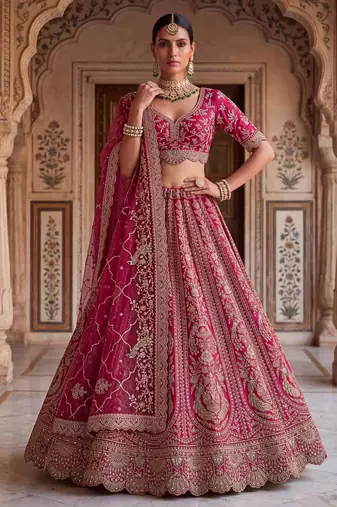 rose silk blend embroidered bridal lehenga choli