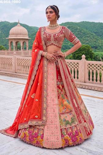 orange silk blend embroidered bridal lehenga choli