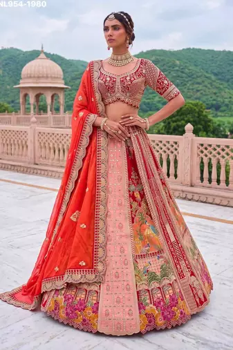 orange silk blend embroidered bridal lehenga choli
