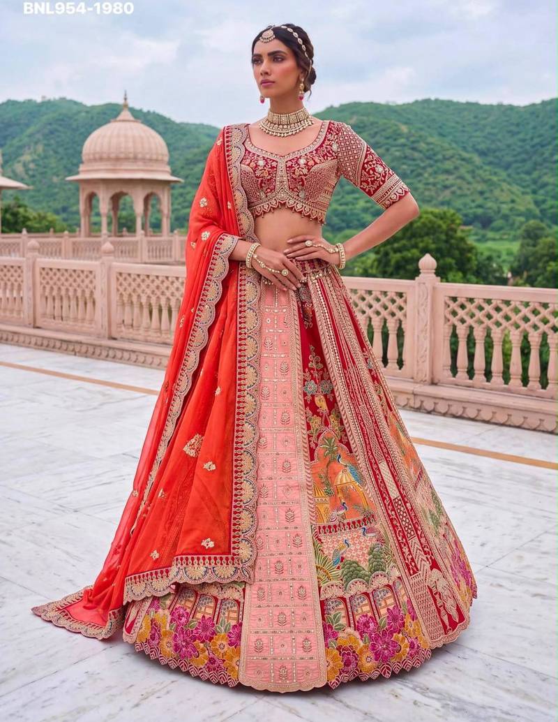 orange silk blend embroidered bridal lehenga choli