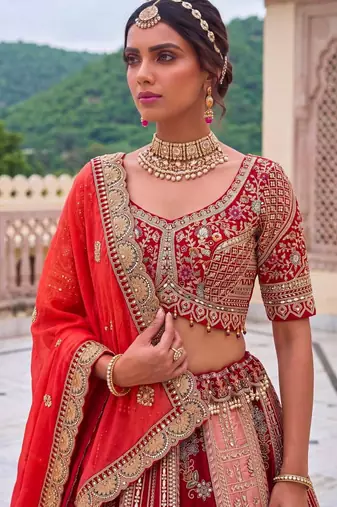 orange silk blend embroidered bridal lehenga choli