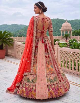 orange silk blend embroidered bridal lehenga choli 3