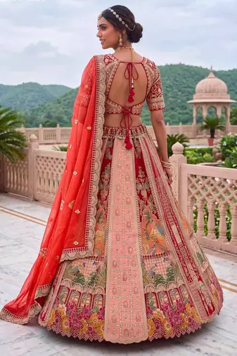 orange silk blend embroidered bridal lehenga choli