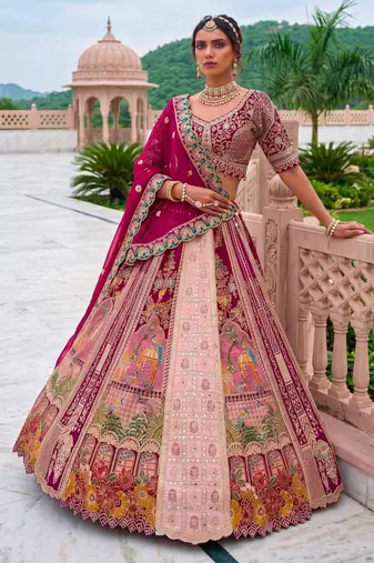 pink silk blend embroidered bridal lehenga choli