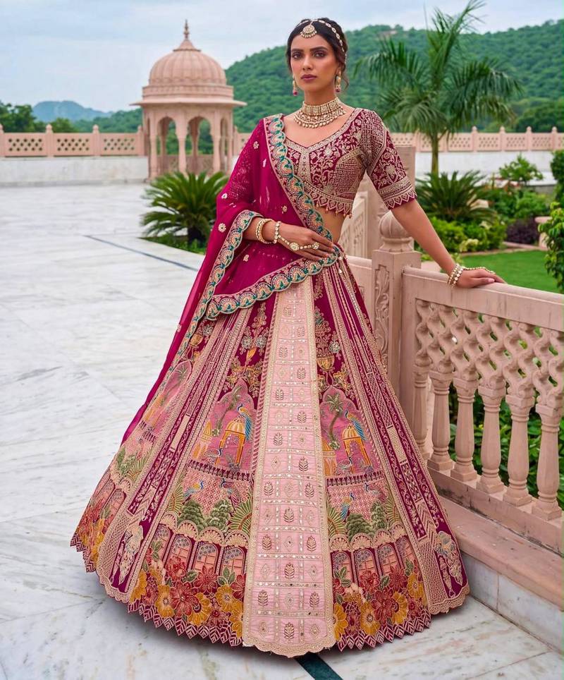 pink silk blend embroidered bridal lehenga choli