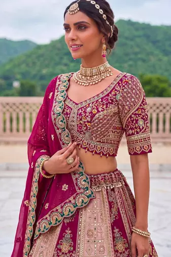 pink silk blend embroidered bridal lehenga choli