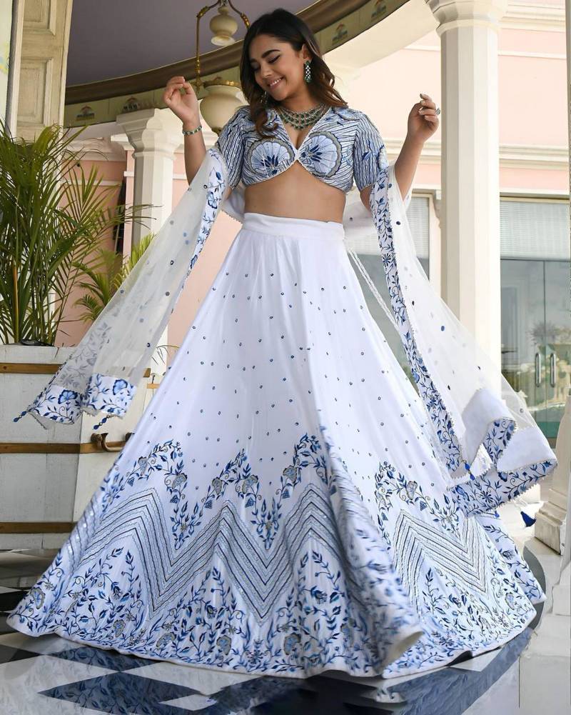 white satin embroidered wedding lehenga choli