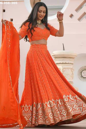 orange georgette embroidered wedding lehenga choli
