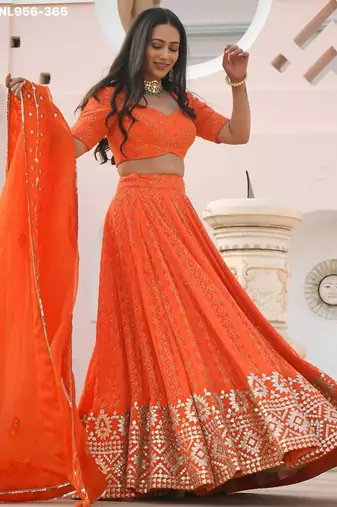 orange georgette embroidered wedding lehenga choli
