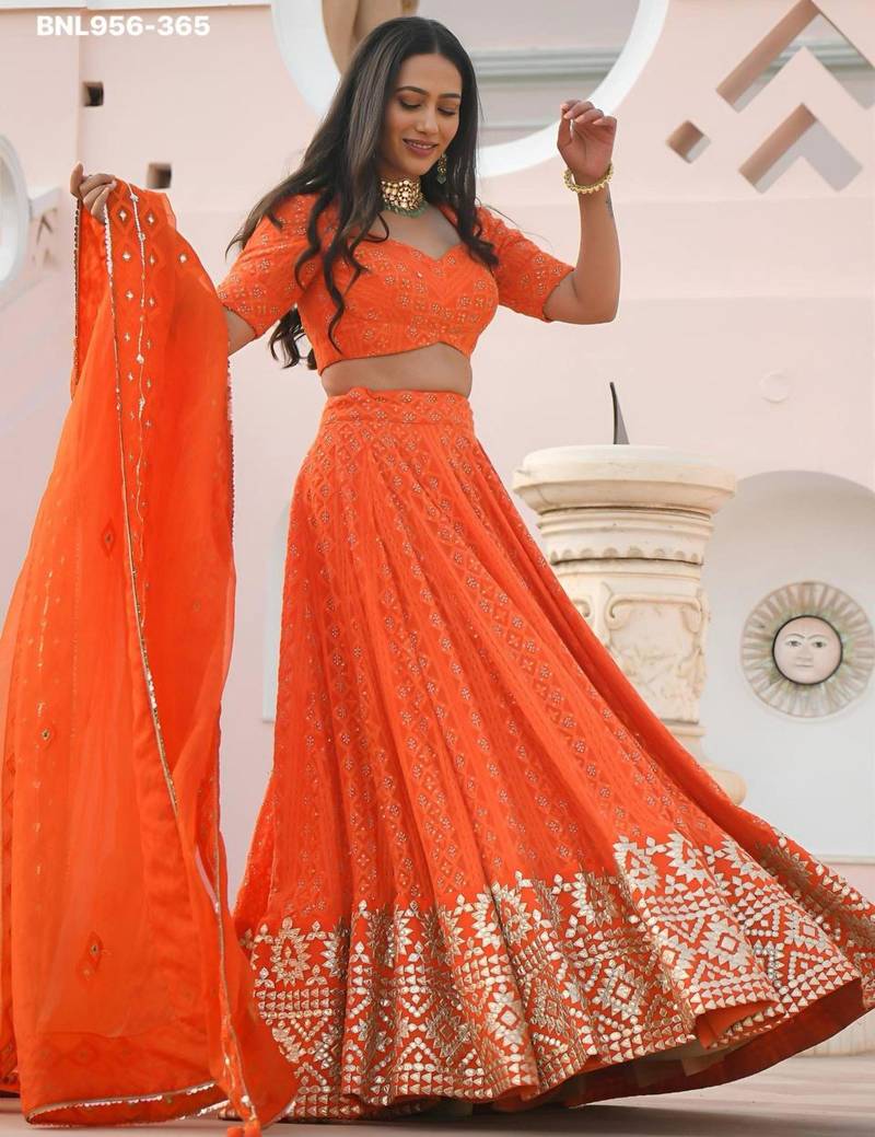 orange georgette embroidered wedding lehenga choli